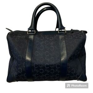 CELINE Authentic Vintage C Macadam Navy Blue Canvas Leather Trim Boston Bag Tote